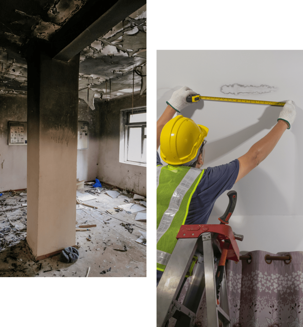 Damaged room and worker measuring wall repair.