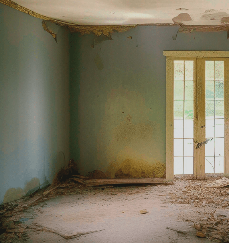 Abandoned room with peeling walls and debris.