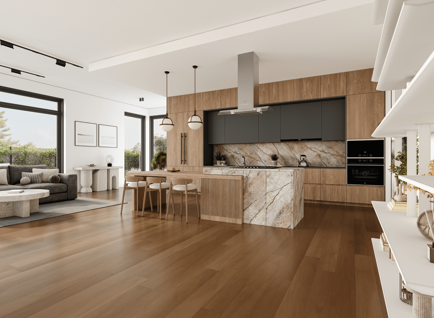 Modern kitchen with wooden floors and island.