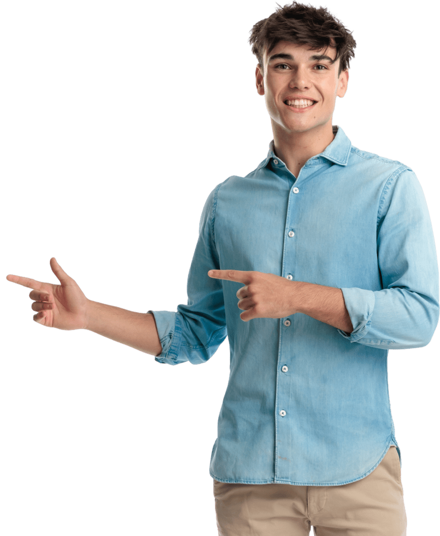 Smiling man pointing in casual outfit.