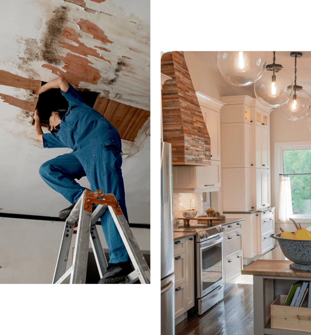 Worker repairing ceiling; modern kitchen interior.